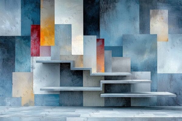 "Abstract digital art of stacked geometric blocks in blue, gray, red, and yellow tones."
