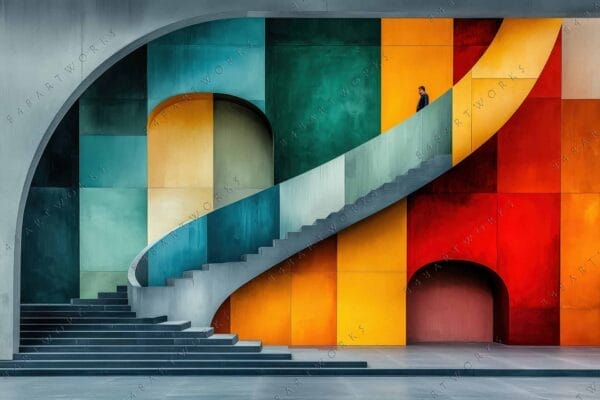 "Abstract digital art of person on staircase with colorful geometric background in blue and orange."