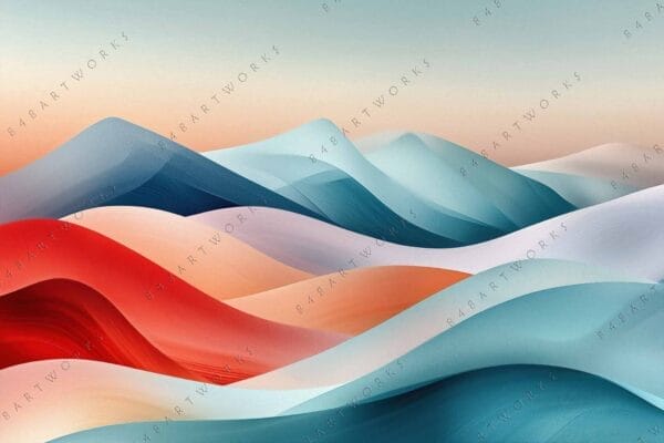 Abstract digital painting of rolling hills in red, blue, and cream gradient tones.