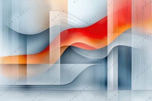 "Abstract digital art with flowing red and orange waves on a gray background."