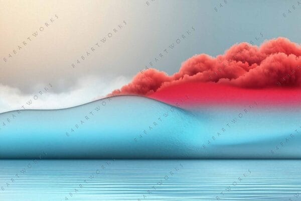 "Digital artwork depicting a surreal landscape with red clouds and blue water."