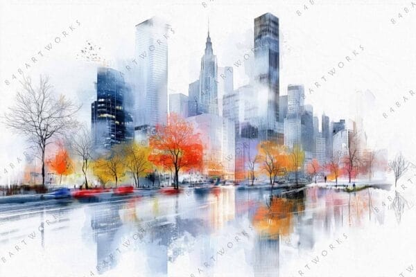 Watercolor cityscape art with skyscrapers and autumn trees, reflecting in a wet street.