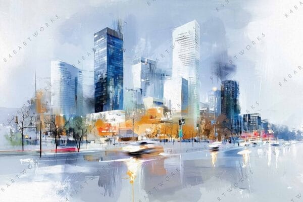 Impressionistic digital painting of a cityscape with skyscrapers and blurred vehicles in motion.