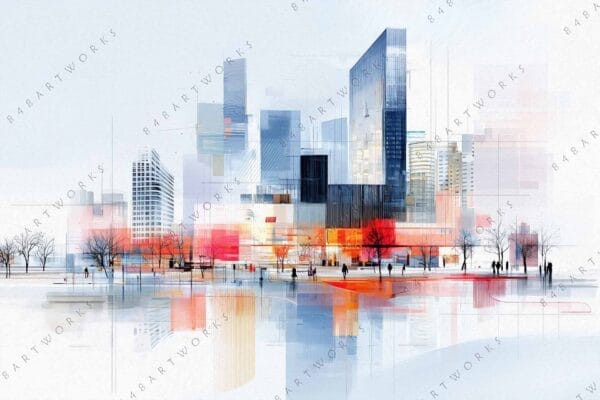"Abstract digital art of a city skyline in soft blues and vibrant red hues."