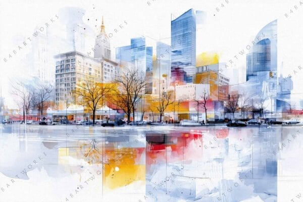 Watercolor cityscape with modern buildings, bare trees, and reflections in vibrant colors.