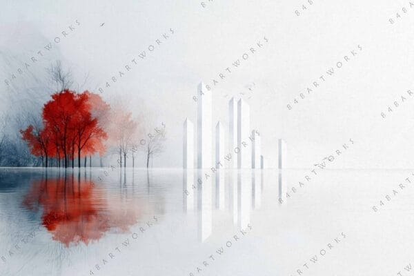 Minimalist digital painting of red trees and modern white structures reflected in water.