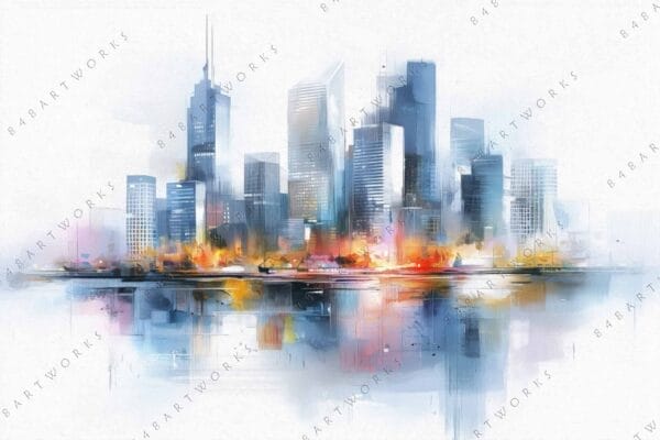 "Abstract watercolor of a city skyline with blue and orange reflections on water."