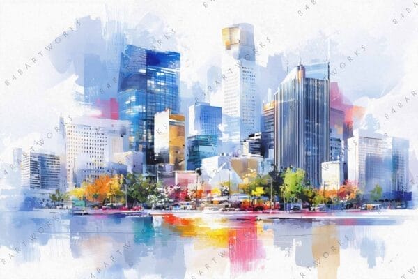 "Colorful digital painting of a city skyline reflected in water, abstract style."