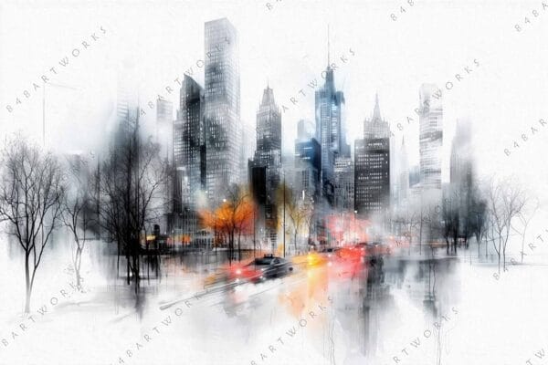 "Digital art depicting a foggy cityscape with blurred car lights and leafless trees."