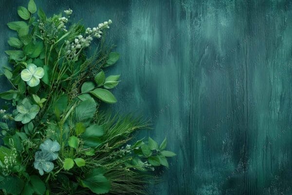 "Digital artwork of green foliage against a textured, dark green background."