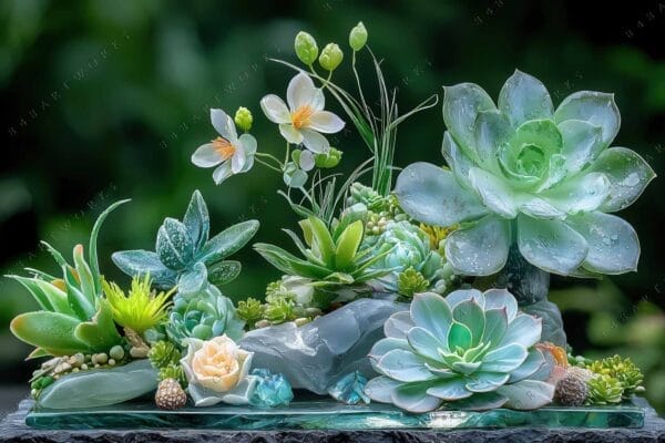 Digital painting of succulent arrangement with dewdrops, green and white palette.