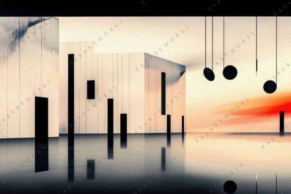 Futuristic digital painting of abstract buildings with a gradient sunset sky.