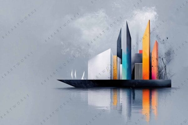 "Futuristic digital painting of geometric buildings in gray, orange, and teal on water."