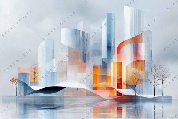 Futuristic digital artwork of abstract architecture with blue, orange, and gray tones.