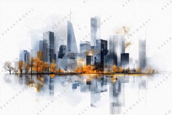 "Digital illustration of a skyline with reflective lake and autumn trees, in grayscale."