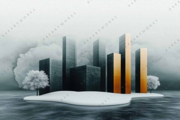 "Surreal digital art of geometric cityscape with golden towers and snowy trees."