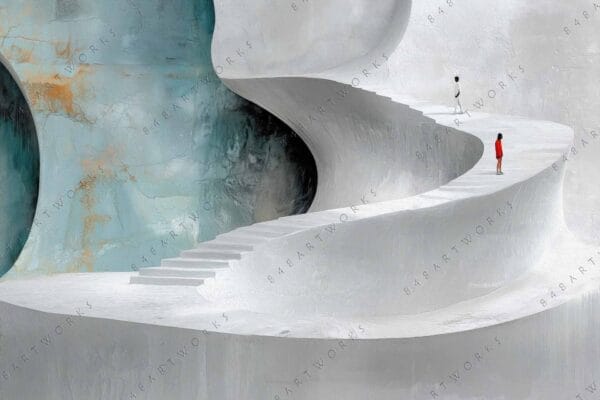 "Surreal digital art of two people on a winding white staircase, turquoise background."