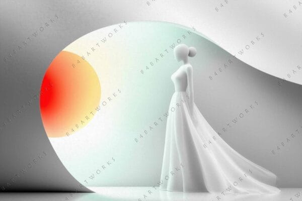 "Minimalist digital art of a faceless figure in white dress with gradient background."