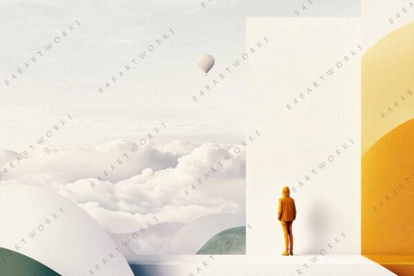 "Digital artwork of a person in orange, standing before clouds and a hot air balloon."
