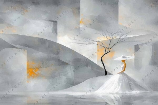 "Abstract painting of woman in white dress and hat, gray background with orange accents."