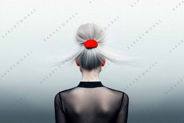 "Digital art of woman with white hair in red scrunchie and sheer black top."