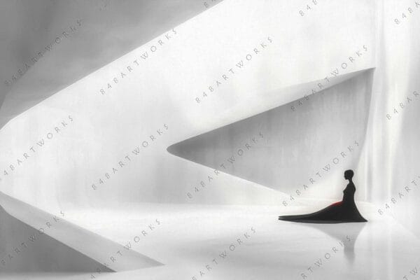 "Abstract minimalist painting of a figure in a futuristic white and gray interior."