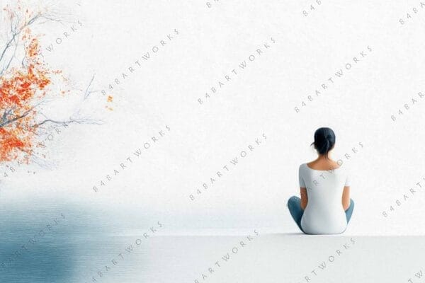 "Minimalist digital painting of seated woman by a horizon with orange leaves on branches."