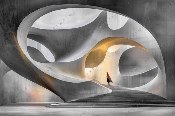 Abstract digital art of a woman on curved staircase with silver and gold tones.
