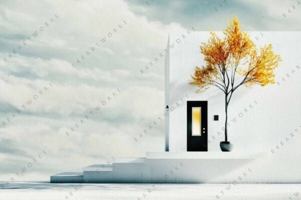 White minimalist building with an orange-leaved tree, under cloudy sky, digital art.