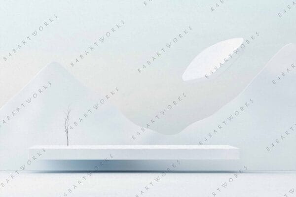 "Minimalist digital art of a lone bare tree against pastel blue mountains."