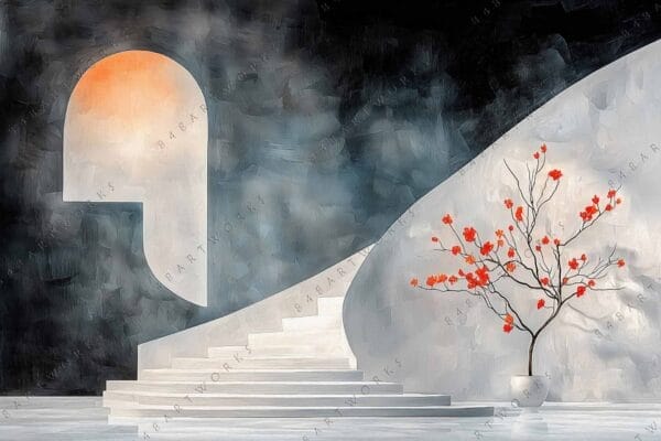 "Digital painting of white stairs, orange abstract shape, and red-flowered tree against gray."