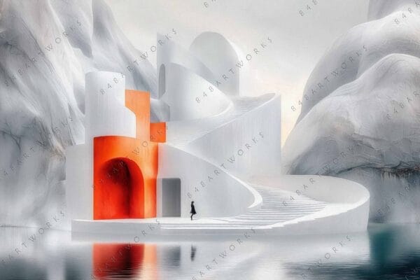Surreal digital artwork of a futuristic white and orange building by a serene waterway.
