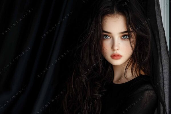 Digital painting of a woman with blue eyes and dark hair in a black backdrop.