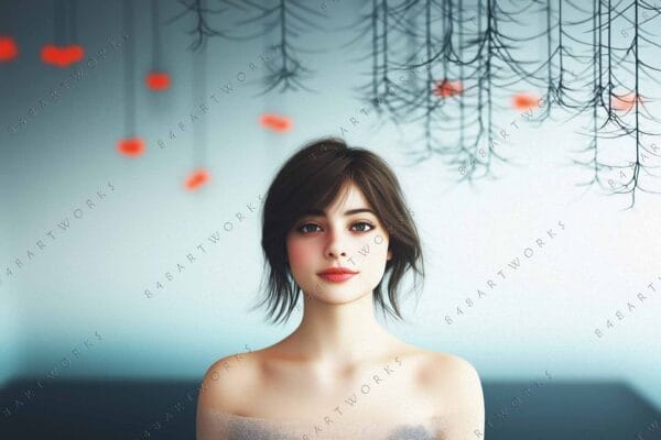 Portrait of a young woman in digital art, with hanging branches and soft colors.