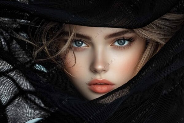 "Digital portrait of a woman with blue eyes framed by flowing black fabric."