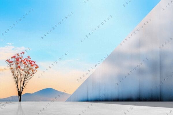 Digital art of a lone flowering tree against pastel sky and geometric structure.