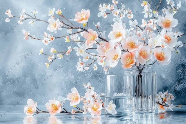 Digital painting of peach blossoms in glass vases, set against a soft blue background.