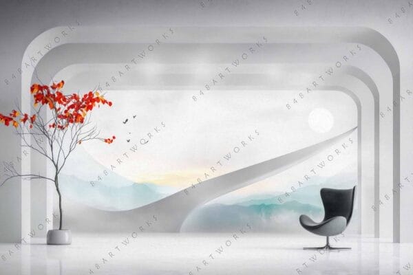 "Minimalist digital artwork of interior with orange-leaved tree and modern chair, soft tones."