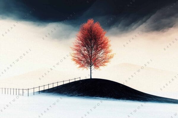 Digital painting of a vibrant red tree on a dark hill under a cloudy sky.