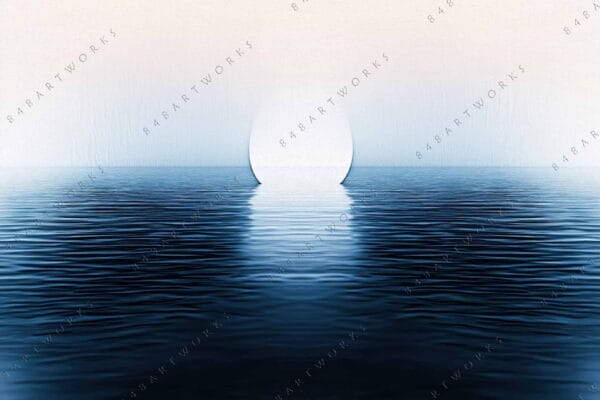 "Digital artwork of a white sphere and blue ocean reflecting under a pale sky."