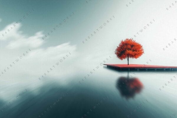 "Surreal digital art of a red tree on a pier over calm water."