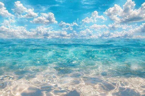 "Digital painting of a clear turquoise ocean with fluffy clouds in a bright blue sky."