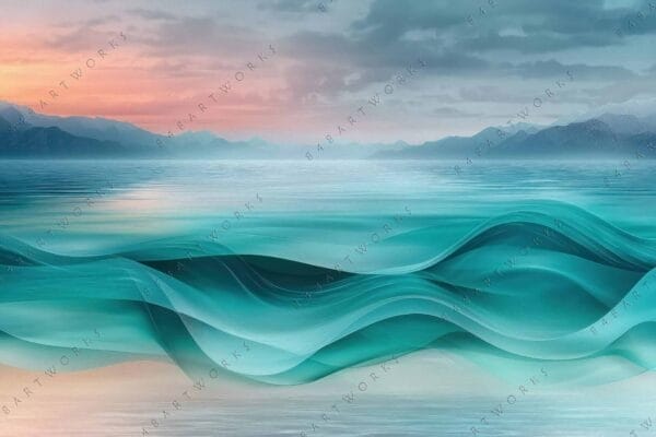 "Digital painting of ocean waves with teal hues under a pastel sunset sky."