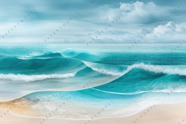 Digital painting of turquoise ocean waves on a sandy beach with cloudy sky.