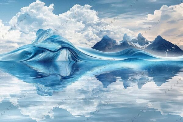 "Digital art of surreal icy mountains and waves, reflecting in serene blue water."