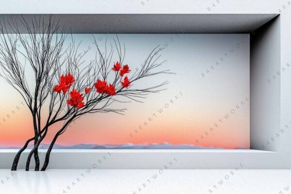 Digital art of red leaves on branches against a pastel sky in a framed setting.