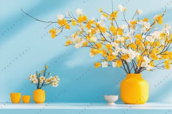 Digital painting of yellow and white flowers in vases against a blue background.