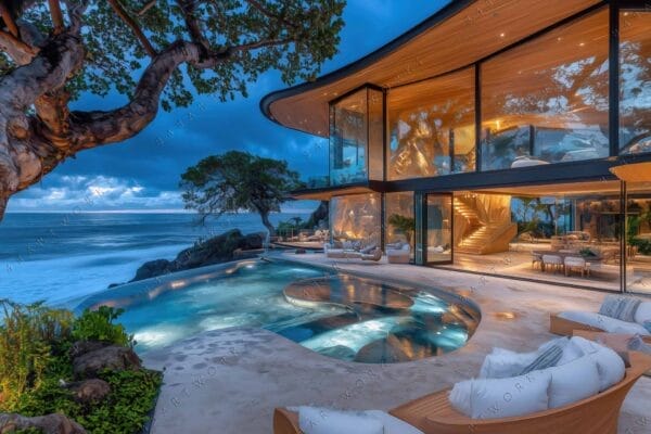 Modern architectural design with glass walls, pool, and ocean view at dusk.