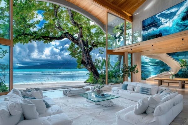 Modern interior with large windows, beach view, white furniture, and abstract ocean art.