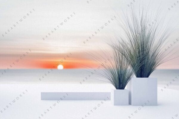 "Minimalist digital art of potted grass against a soft orange and gray sunset."